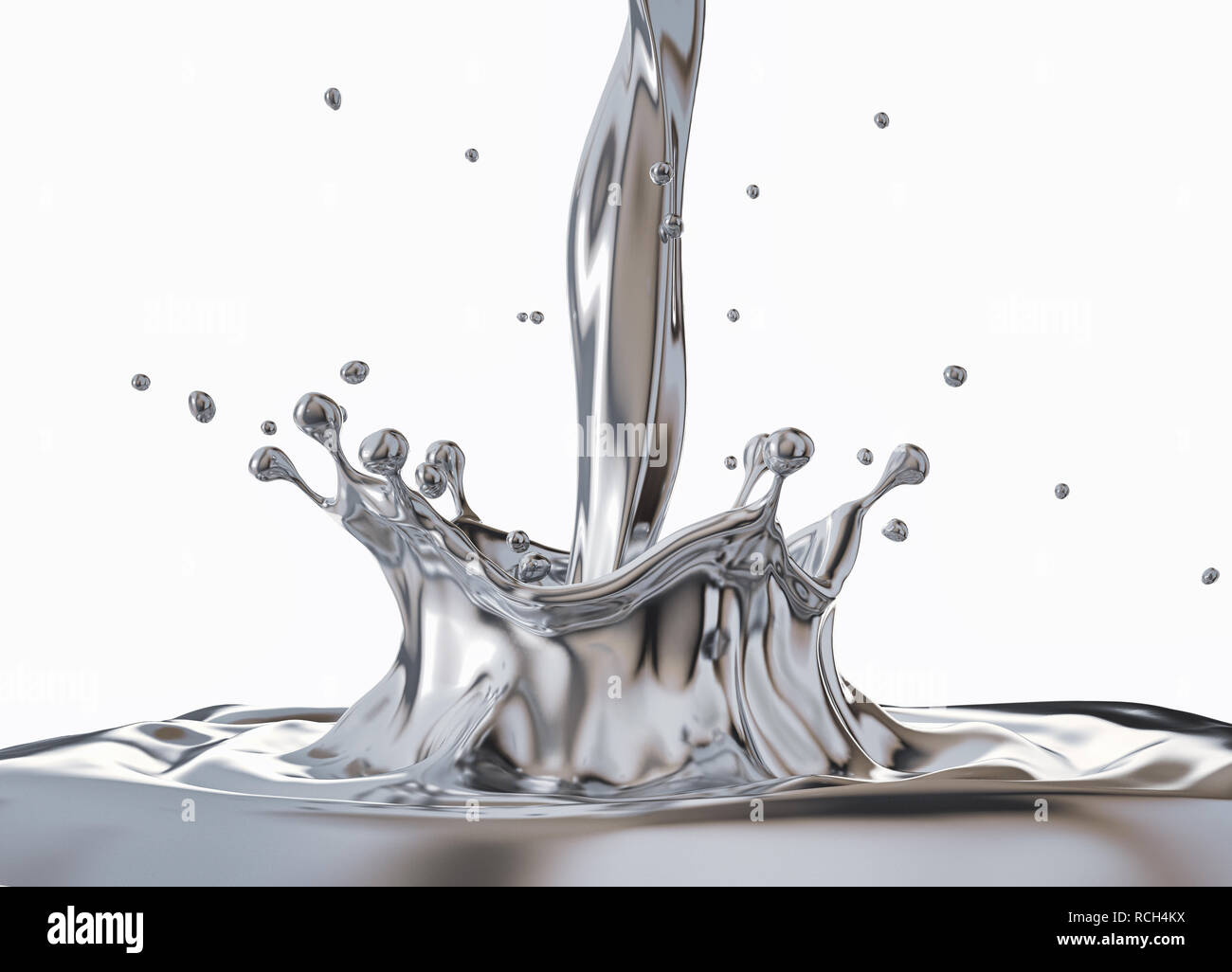 Argento liquido colata di metallo con la corona splash e increspature. Vista laterale. Su sfondo bianco. Foto Stock
