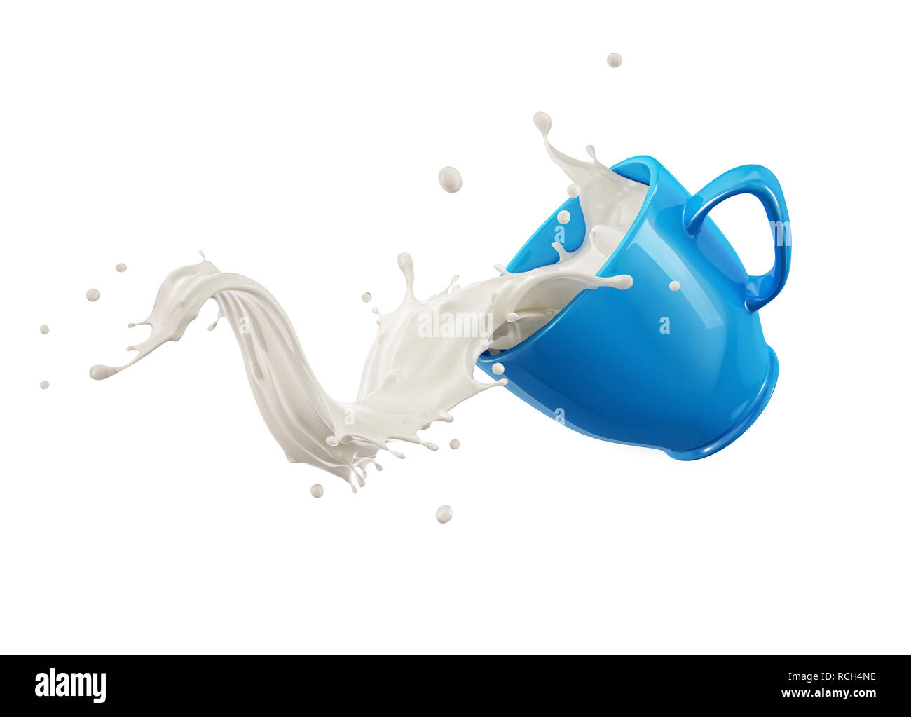 Blu tazza cup jumping con latte splash. Isolato su sfondo bianco. Percorso di clipping incluso. Foto Stock