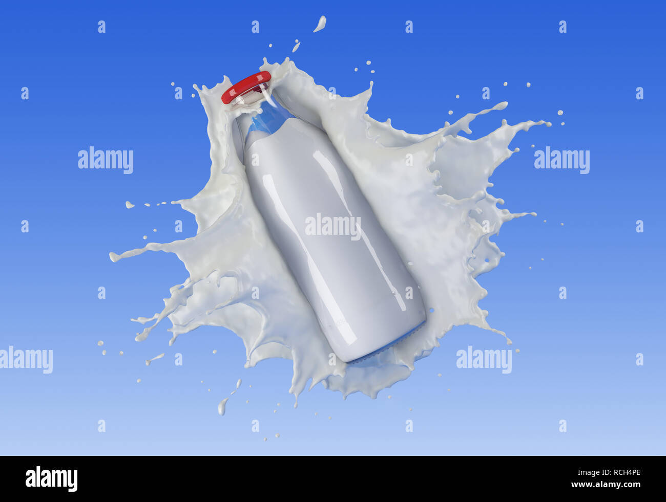 Bottiglia di latte schizzi. Su sfondo blu. Percorso di clipping incluso. Foto Stock