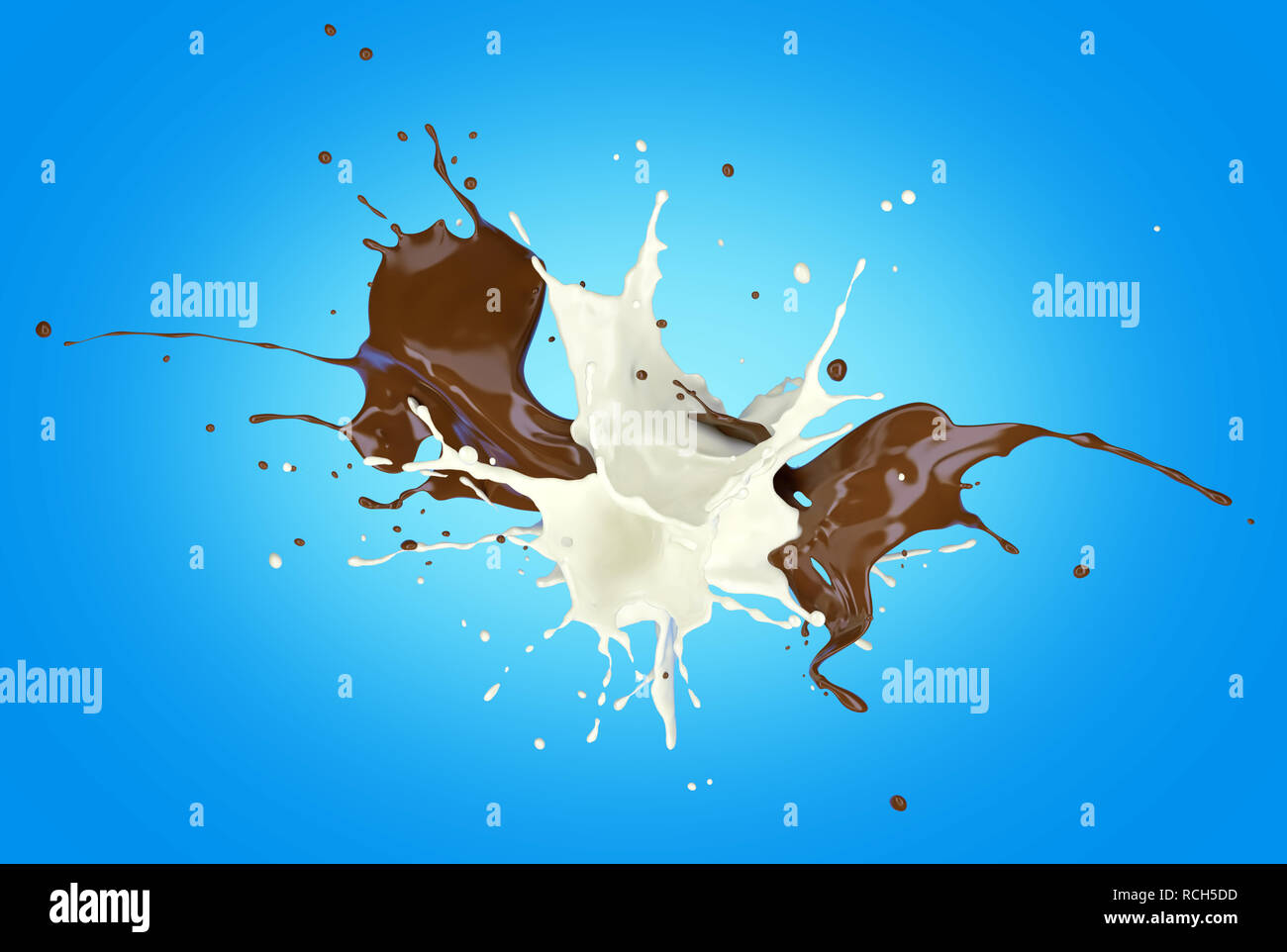 Il latte e la cioccolata , o spruzzi di vernice contro ogni altra nell'aria. Su sfondo blu. Percorso di clipping incluso. Foto Stock