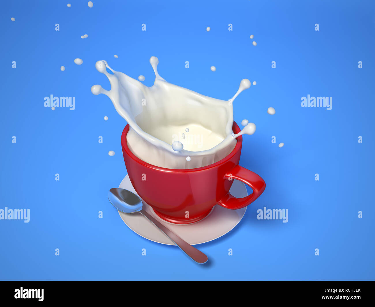 Red mug con latte splash. Con piattino e cucchiaio. Su sfondo blu. Vista da sopra. Percorso di clipping incluso. Foto Stock