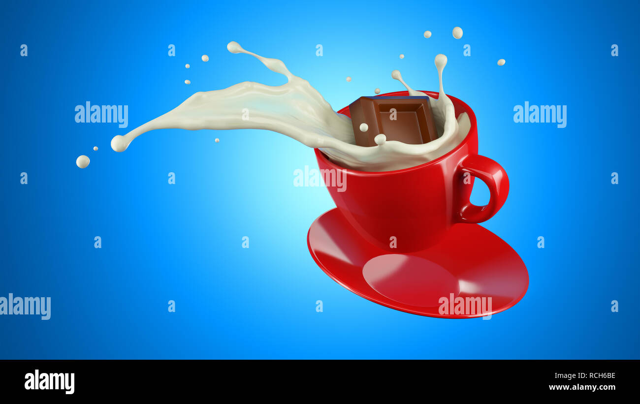 Rosso coppa piena di latte con il cubo cocolate schizzi. Jumping con piattino su sfondo blu. Percorso di clipping incluso. Foto Stock