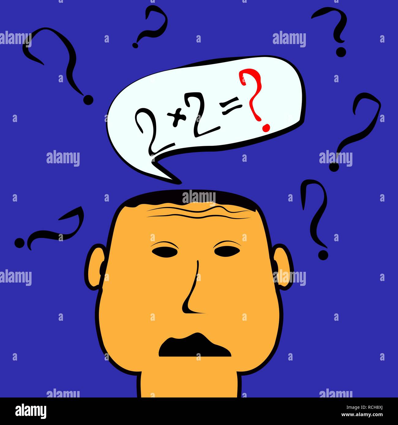 Immagine concettuale sul tema dell'istruzione. Il giovane uomo non può risolvere l'equazione elementare Illustrazione Vettoriale