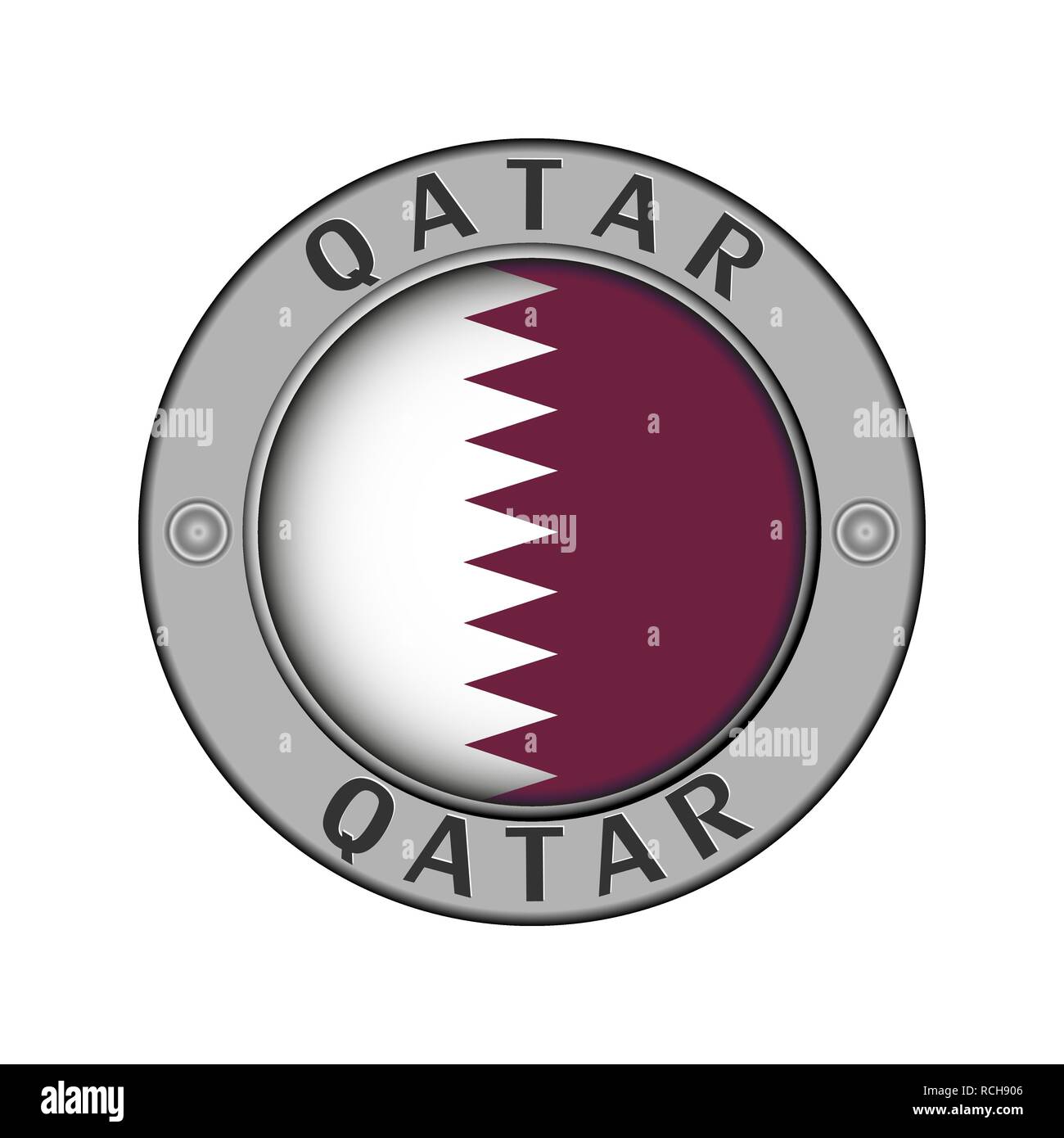 Rotondo di metallo medaglione con il nome del paese di Qatar e un indicatore rotondo nel centro Illustrazione Vettoriale