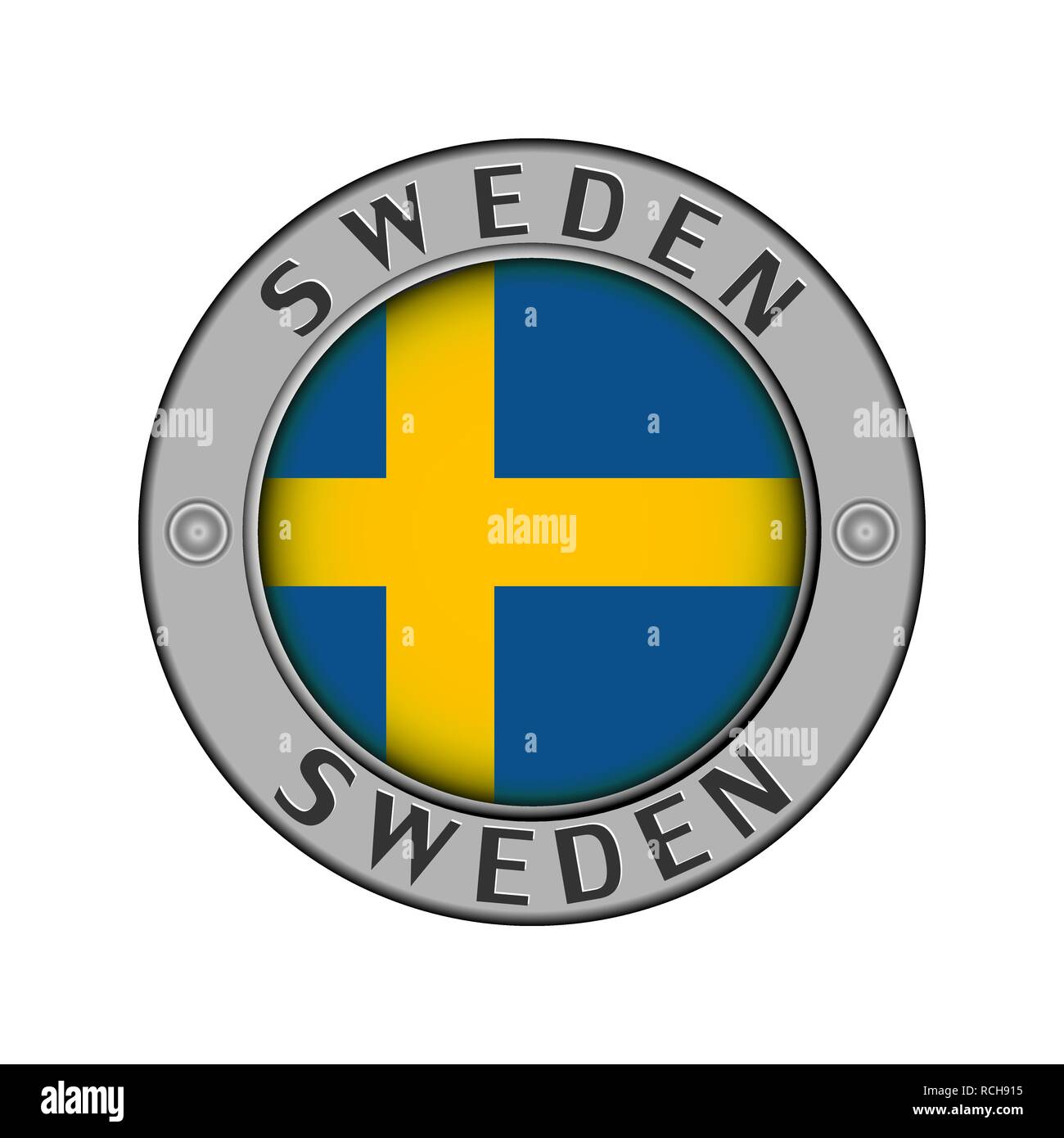 Rotondo di metallo medaglione con il nome del paese in Svezia e una bandiera rotonda nel centro Illustrazione Vettoriale