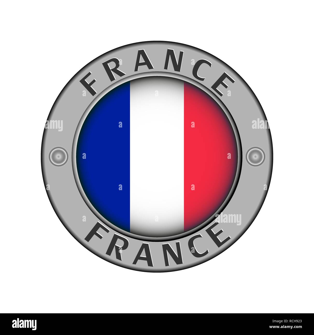 Rotondo di metallo medaglione con il nome di Francia e bandiera rotonda nel centro Illustrazione Vettoriale