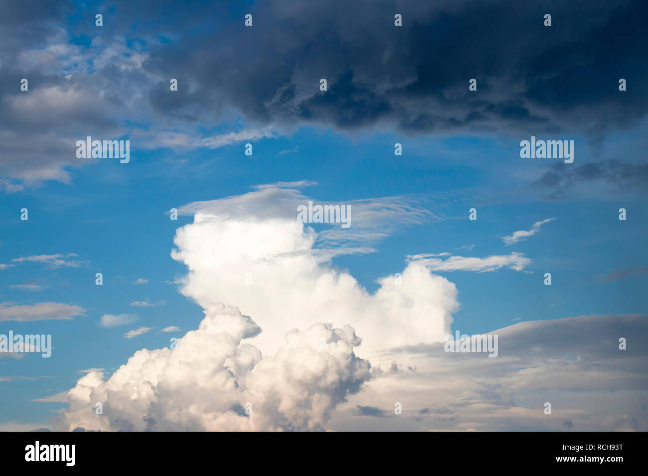 Cielo nuvoloso: il contrasto di soffici luminose e scure nuvole di pioggia visualizza quick weather cambia durante il vento forte Foto Stock