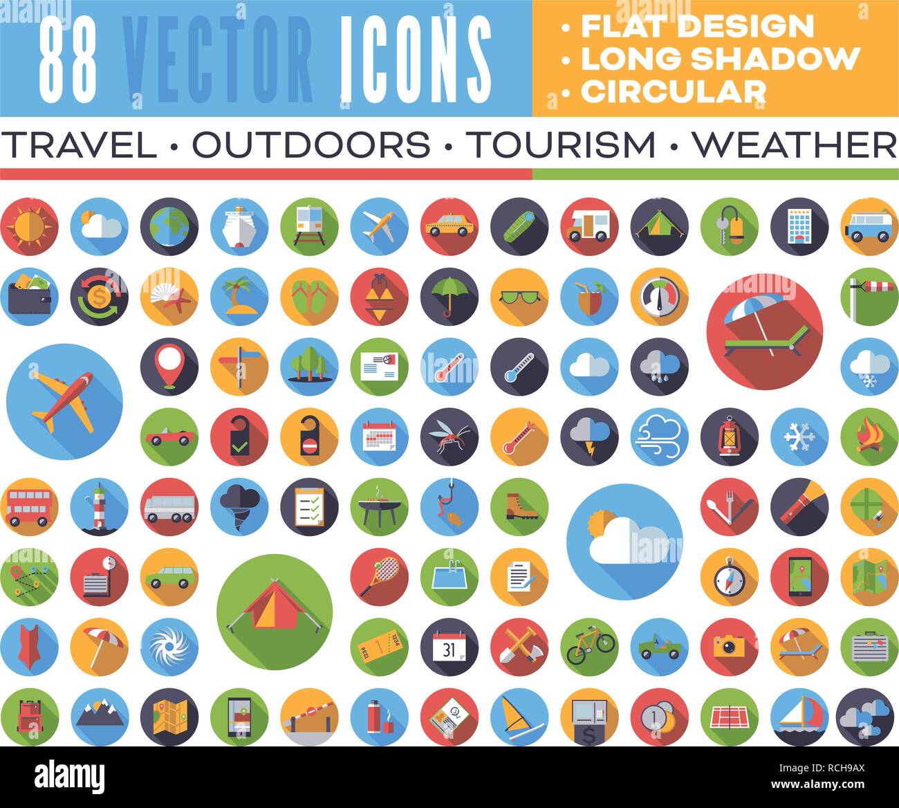 Set di 88 design piatto lungo ombra round icone vettoriali per il web, la stampa, app interface design: viaggi, all'aperto, turismo, meteo. Illustrazione Vettoriale