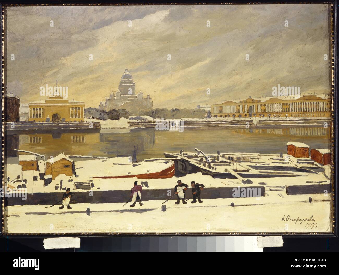 Prima neve. Vista della Piazza del Senato dell'Università Embankment. Museo: State Russian Museum di San Pietroburgo. Autore: Ostroumova-Lebedeva, Anna Petrovna. Foto Stock