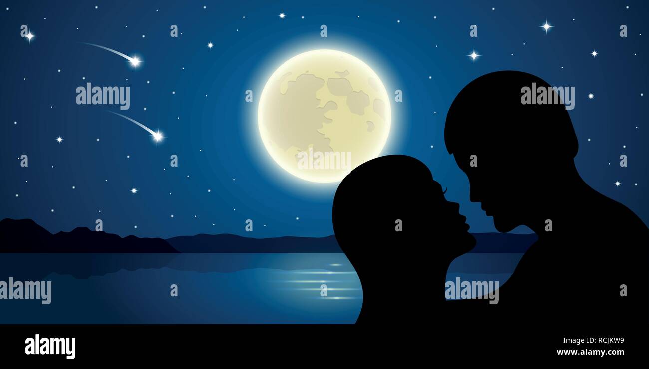Romantico bacio dal lago di luna piena e stelle cadenti illustrazione vettoriale EPS10 Illustrazione Vettoriale