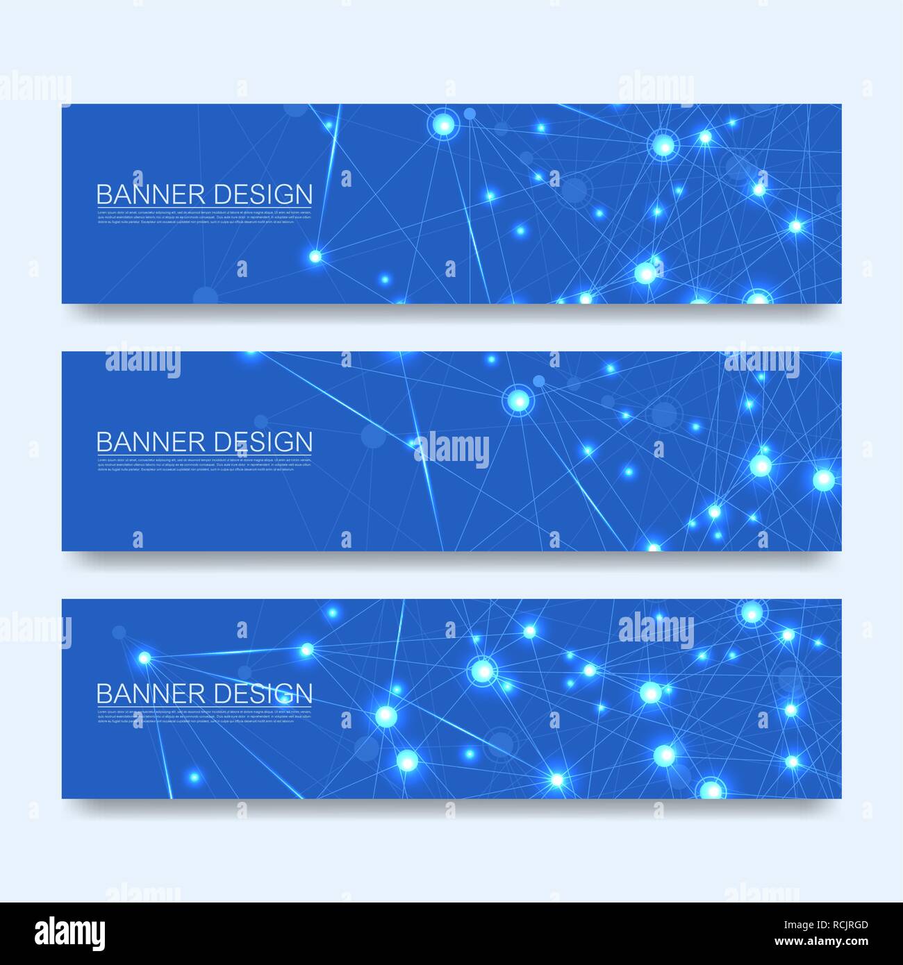 Le molecole di astratta banner impostato con linee, punti, cerchi, poligoni. Il design del vettore di comunicazione di rete sullo sfondo. Il futuristico digital science concetto di tecnologia per il web modello di pagina di intestazione o una brochure. Illustrazione Vettoriale