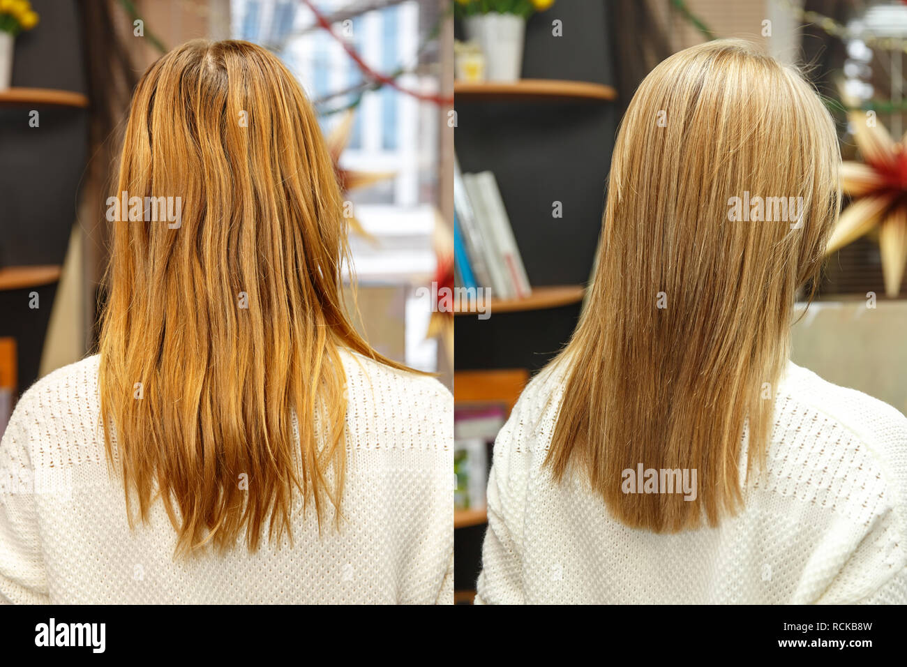 Parrucchiere professionale la tintura dei capelli del suo cliente in salone. Colore dei capelli prima e dopo la procedura. Messa a fuoco selettiva. Foto Stock