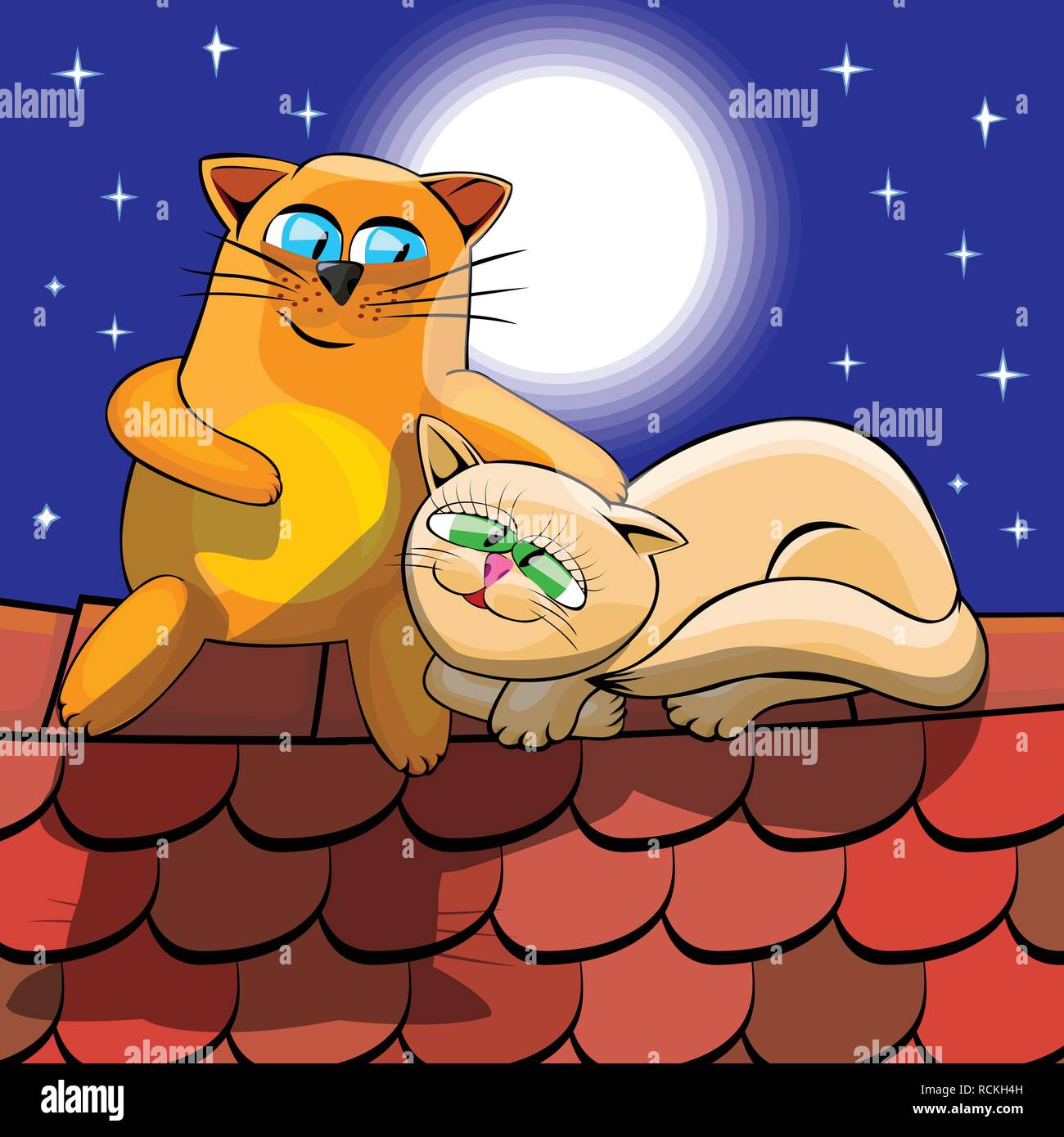 Il bianco e il rosso gatti coccole di notte su un tetto di tegole. I gatti sono seduti sullo sfondo del cielo stellato sopra le loro teste luna piena splende. Cartoon Illustrazione Vettoriale