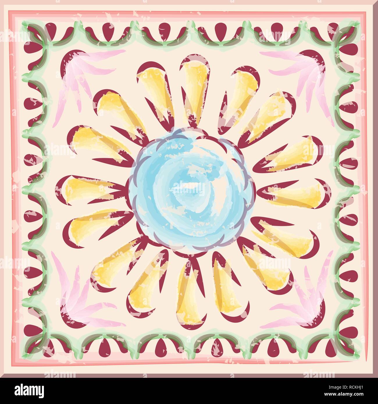 Piastrella di antiquariato con motivo floreale. La grafica vettoriale. Illustrazione Vettoriale