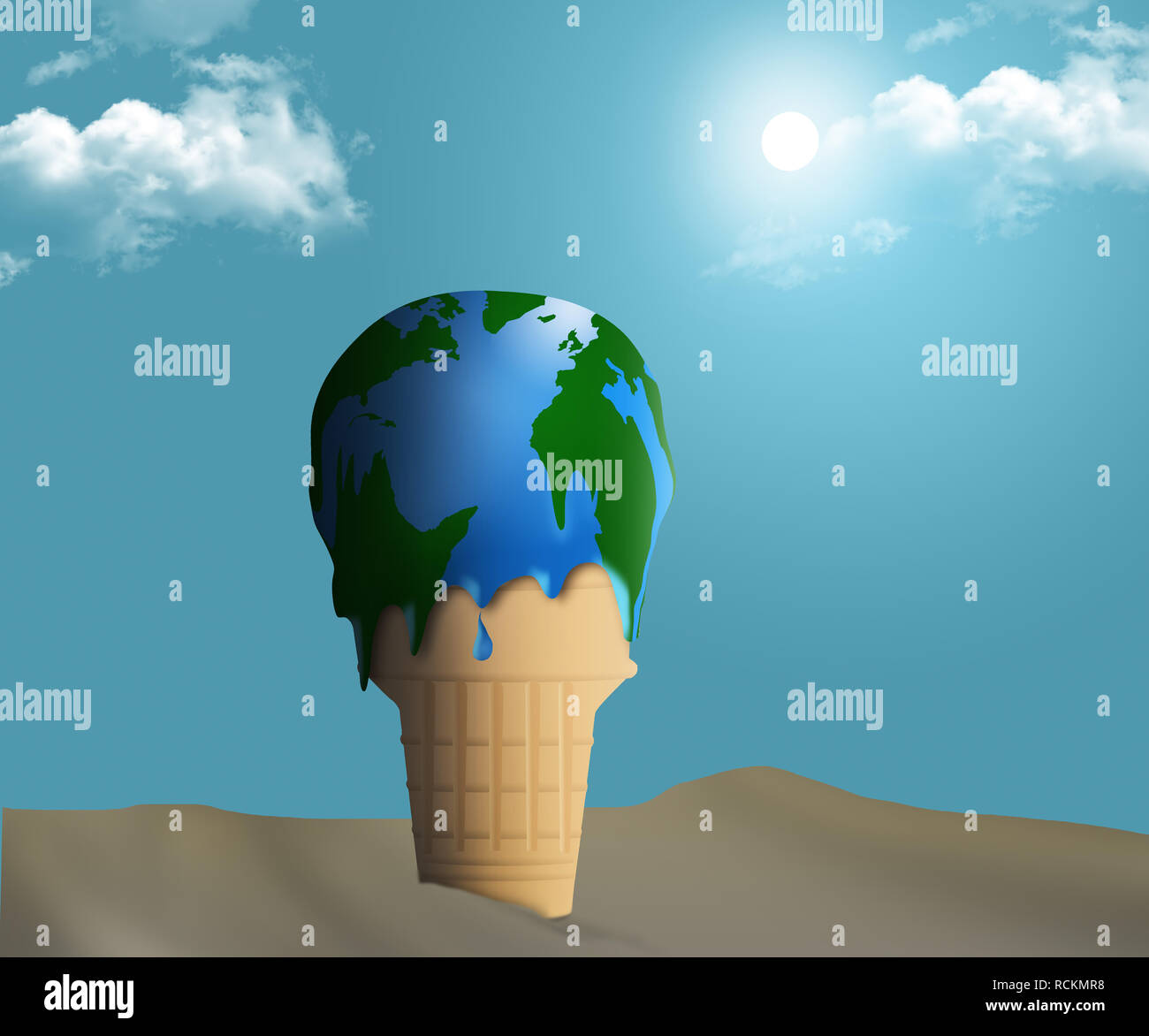 Il riscaldamento globale è illustrata con un punto di fusione cono gelato e il gelato sembra essere anche una mappa del globo terrestre. Si tratta di un'illustrazione. Foto Stock