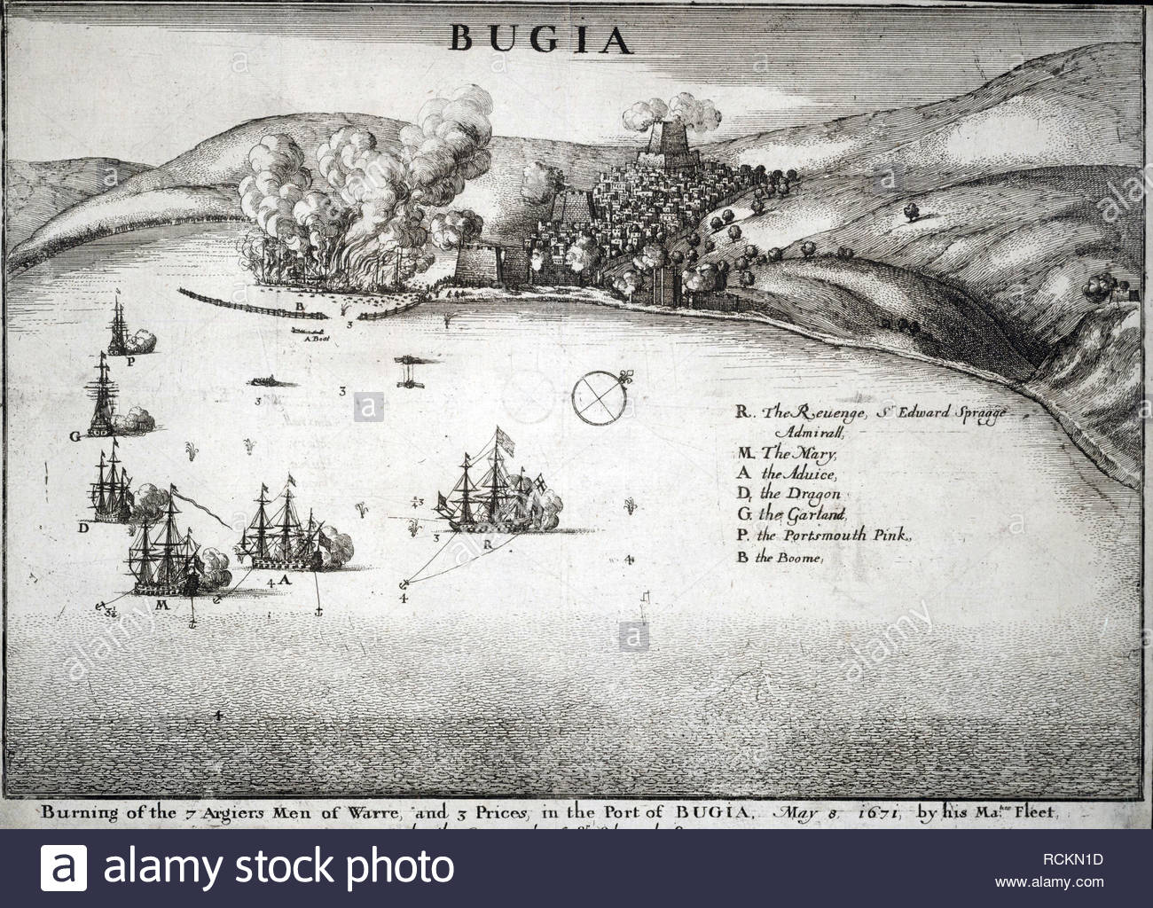 Battaglia navale di bugia dal 8 maggio 1671, l'attacco da incisore boemo Wenceslaus Hollar da 1600s Foto Stock
