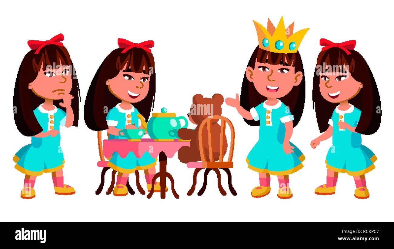 Ragazza asiatica Kindergarten Kid pone una serie vettore. Abbastanza positivo Baby. Tempo libero. Per cartolina, annuncio, Cover Design.isolato illustrazione Cartoon Illustrazione Vettoriale
