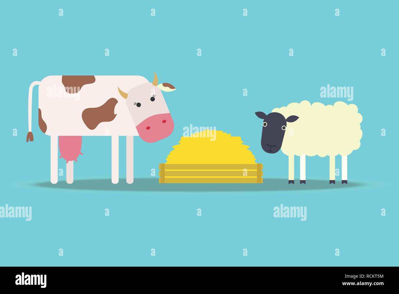 Appartamento di mucca e di Pecora in piedi sul campo. Illustrazione Vettoriale Illustrazione Vettoriale