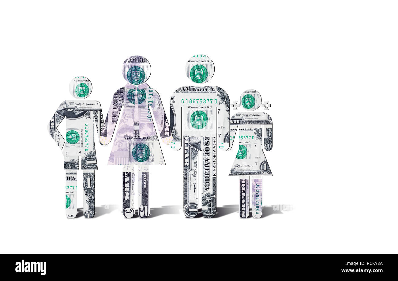 US dollar banconote in forma di famiglia in piedi in una fila, computer immagine generata, sfondo bianco Foto Stock