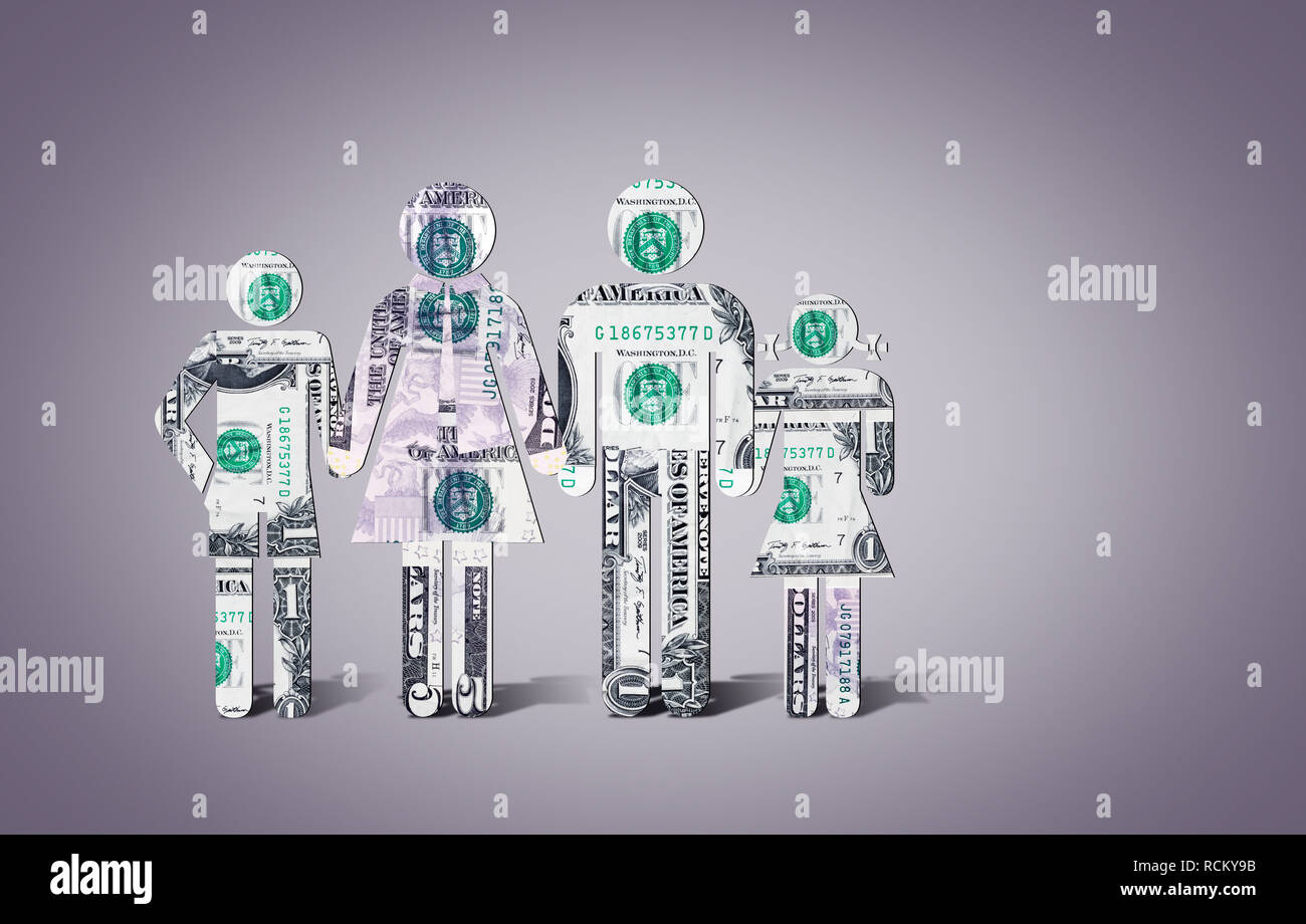 US dollar banconote in forma di famiglia in piedi in una fila, computer immagine generata e sfondo grigio Foto Stock