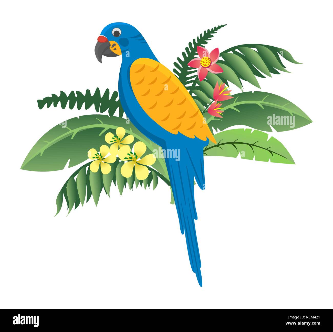 Uccelli colorati, Parrot seduto in fiori e foglie verdi icona Illustrazione Vettoriale