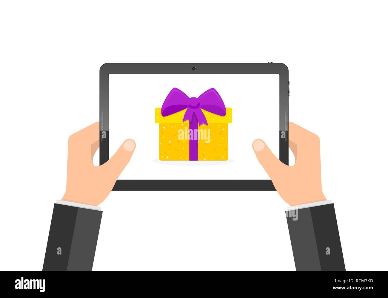 Mani di imprenditore con tablet e confezione regalo sullo schermo. Illustrazione Vettoriale. Celebrazione concept Illustrazione Vettoriale