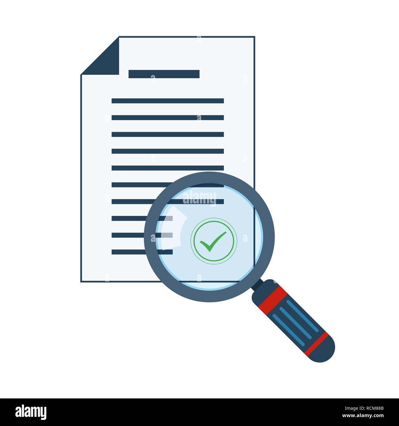 Ingrandimento e documento in design piatto. Illustrazione Vettoriale. Concetto di analisi o di controllo Illustrazione Vettoriale