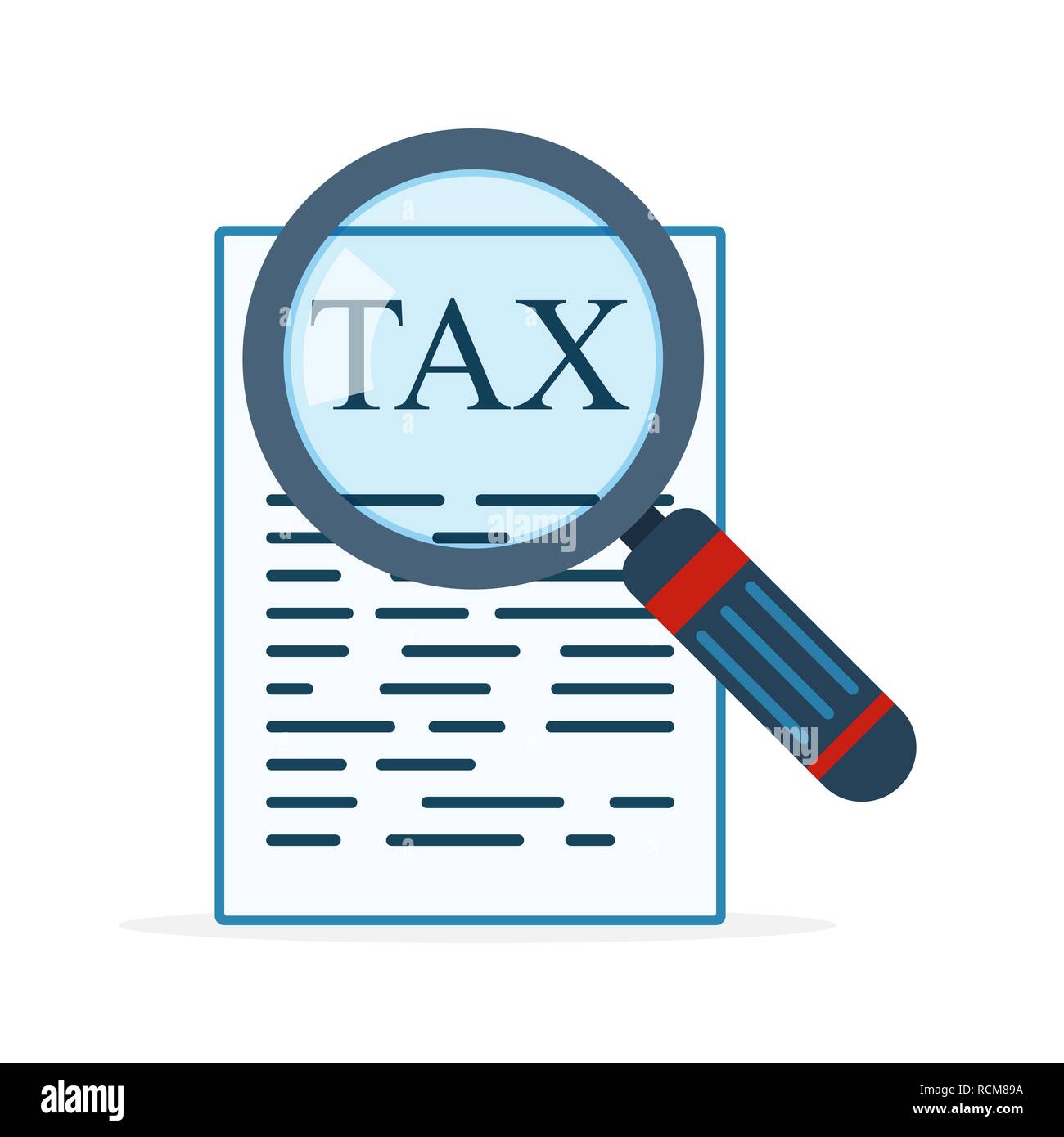 Lente di ingrandimento ed imposta in forma piana. Illustrazione Vettoriale. Pagamento tasse icona del concetto Illustrazione Vettoriale