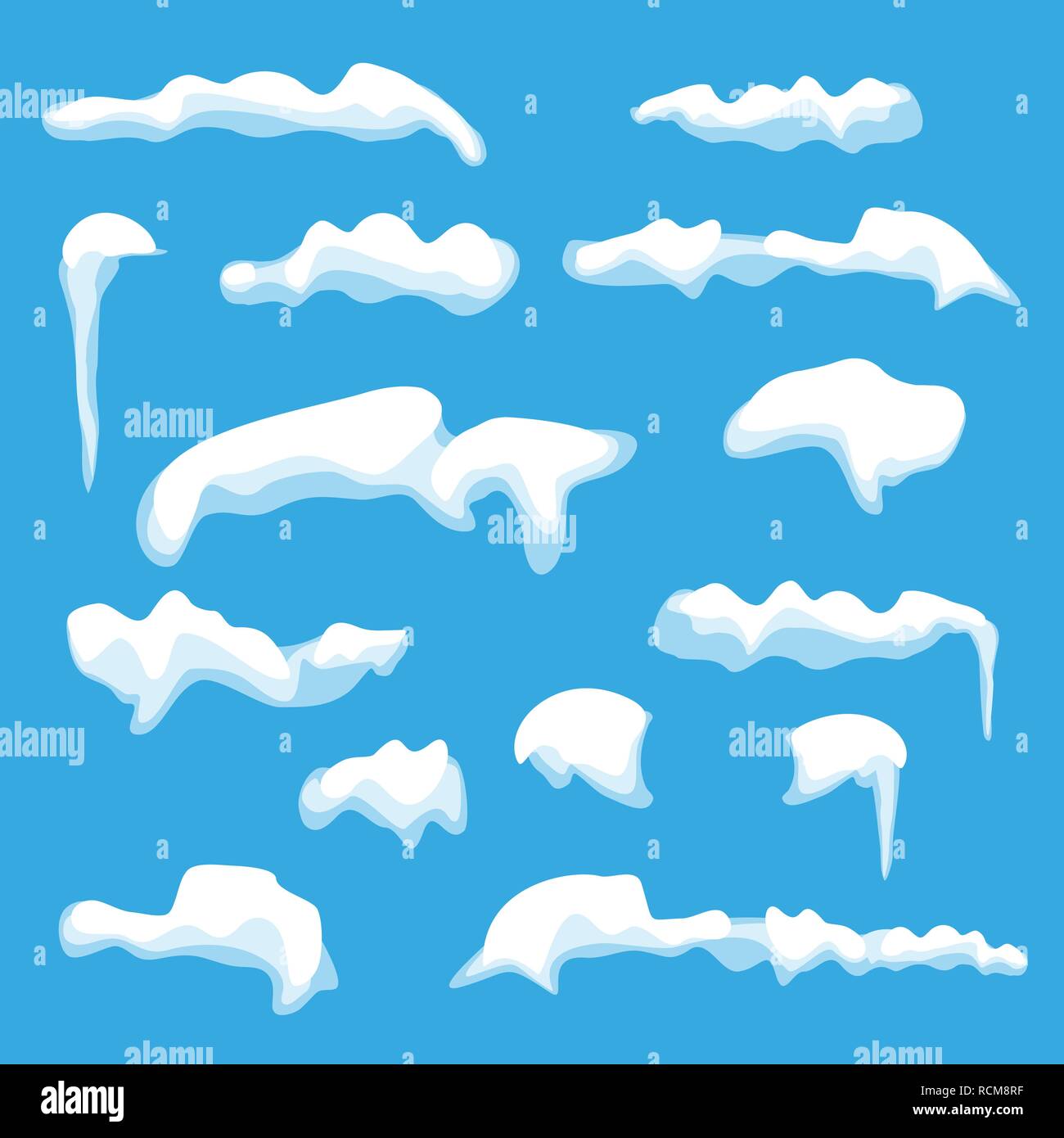 Serie di tappi di neve in design piatto.illustrazione vettoriale. Tappo di neve su sfondo blu. Illustrazione Vettoriale
