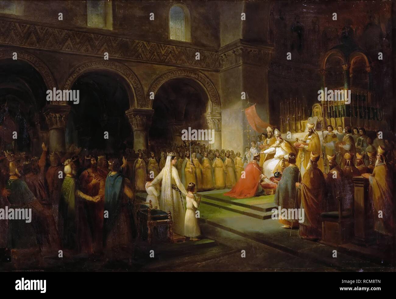 L unzione di Pipino il Breve a Saint-Denis, 28 luglio 754. Museo: il Musée de l'Histoire de France, Château de Versailles. Autore: DUBOIS, François. Foto Stock