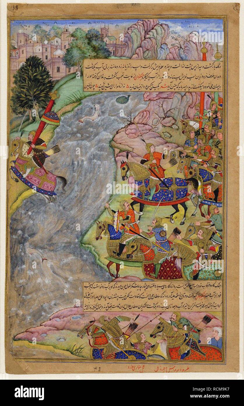 Jalal al-Din Khwarazm-Shah attraversando il rapido Indus river, fuoriuscite di Chinggis Khan e il suo esercito. Museo: British Museum. Autore: Dharm Das. Foto Stock