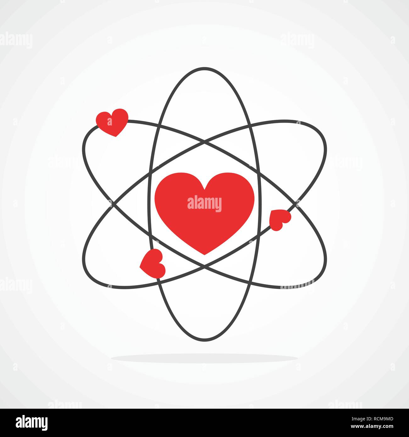 Atomo con elettroni in forma di cuore nel design piatto. Illustrazione Vettoriale. Simbolo della molecola o atomo, isolata. Illustrazione Vettoriale