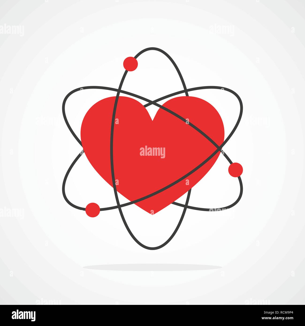 Atom con kernel in forma di cuore nel design piatto. Illustrazione Vettoriale. Simbolo della molecola o atomo, isolata. Illustrazione Vettoriale