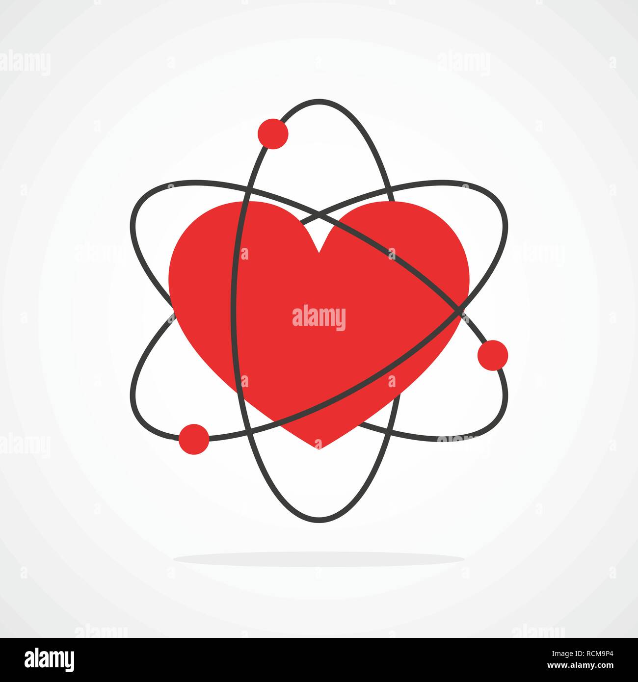 Atom con kernel in forma di cuore nel design piatto. Illustrazione Vettoriale. Simbolo della molecola o atomo, isolata. Illustrazione Vettoriale