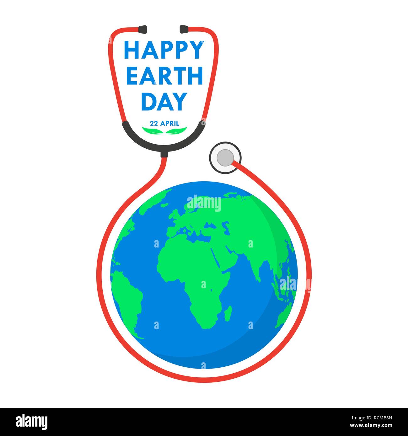 Felice Giornata della Terra logo con uno stetoscopio in design piatto. Illustrazione Vettoriale. Felice Giornata della Terra, concetto di ecologia. Illustrazione Vettoriale