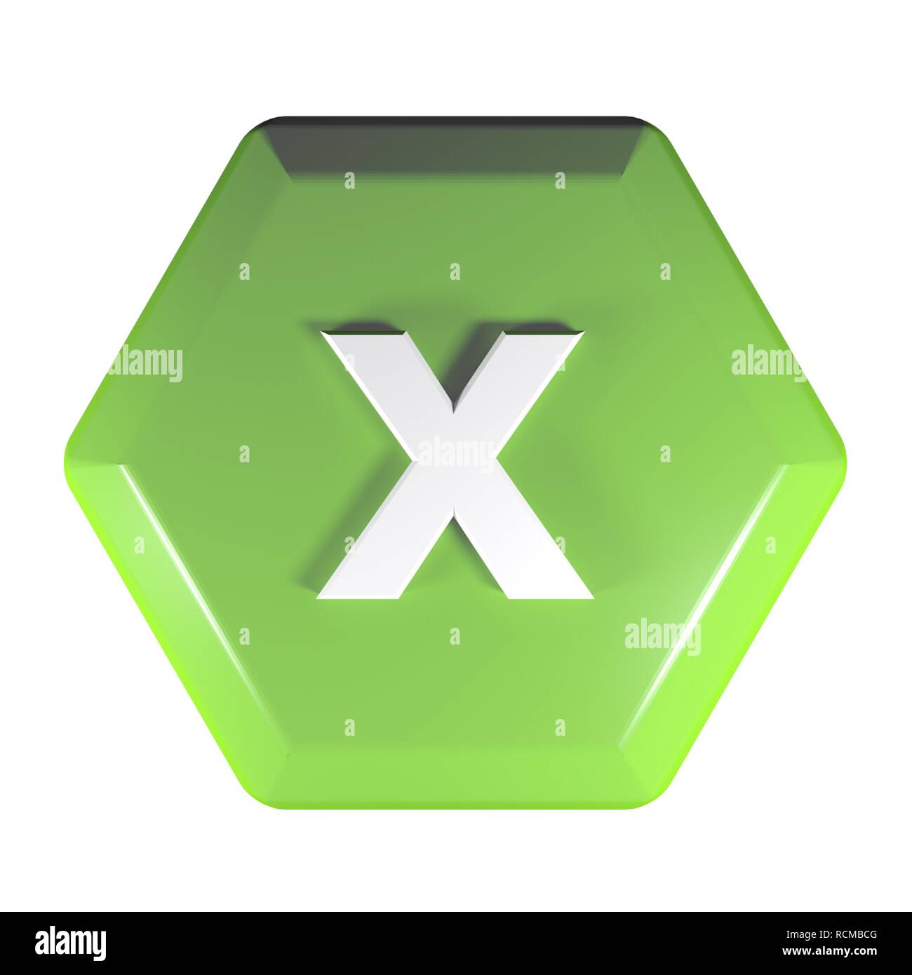 Esagonale verde il pulsante con il segno x per l'operazione di moltiplicazione - 3D rendering immagine Foto Stock
