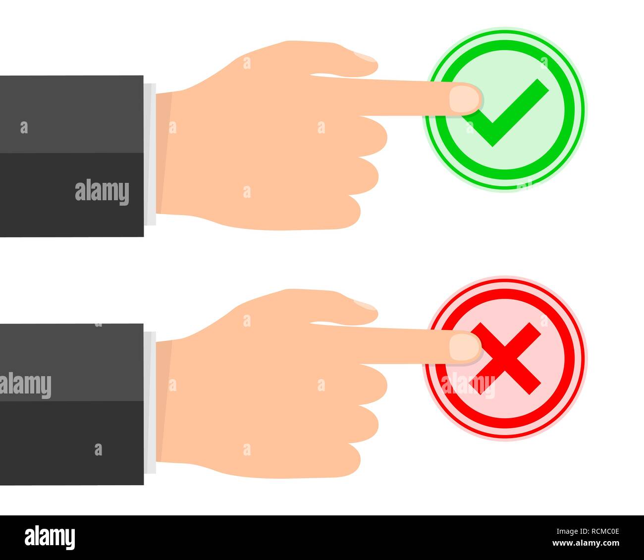 L'uomo spinto croce e segno di spunta. Illustrazione Vettoriale. Sì o No concetto. Concetto Votting Illustrazione Vettoriale