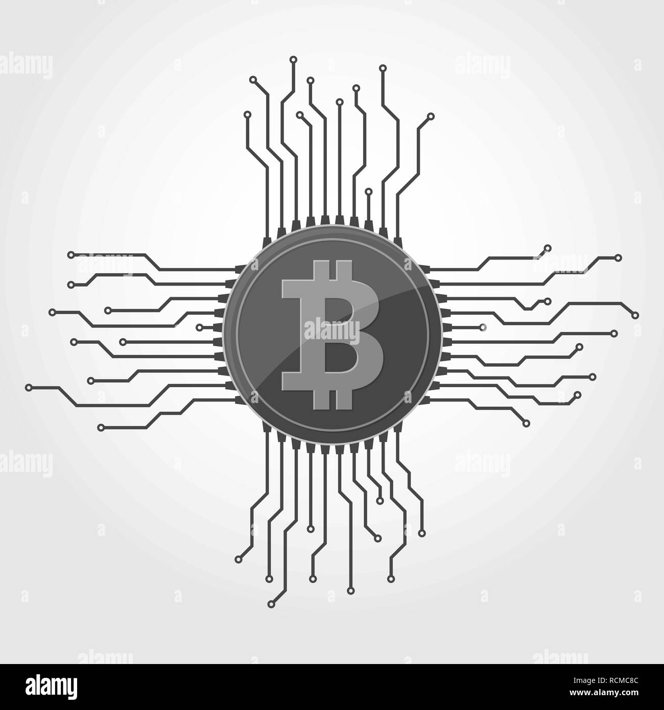 Bitcoin valuta digitale icona con scheda di circuito elementi. Illustrazione Vettoriale. Icona Bitcoin in un appartamento di design. Illustrazione Vettoriale