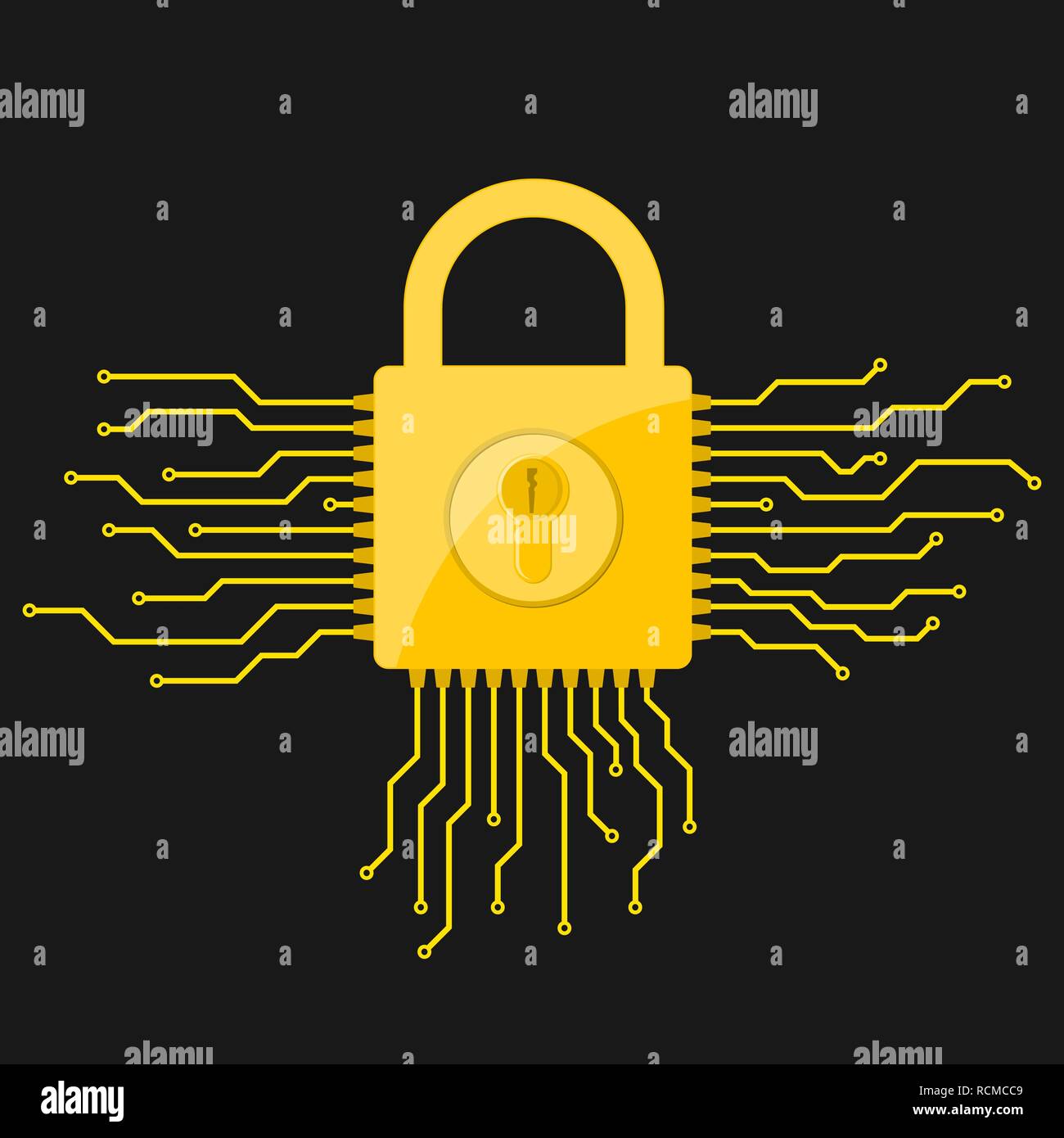 Elettronica giallo icona a forma di lucchetto in design piatto. Illustrazione Vettoriale. Informazioni sul concetto di sicurezza, su sfondo nero Illustrazione Vettoriale