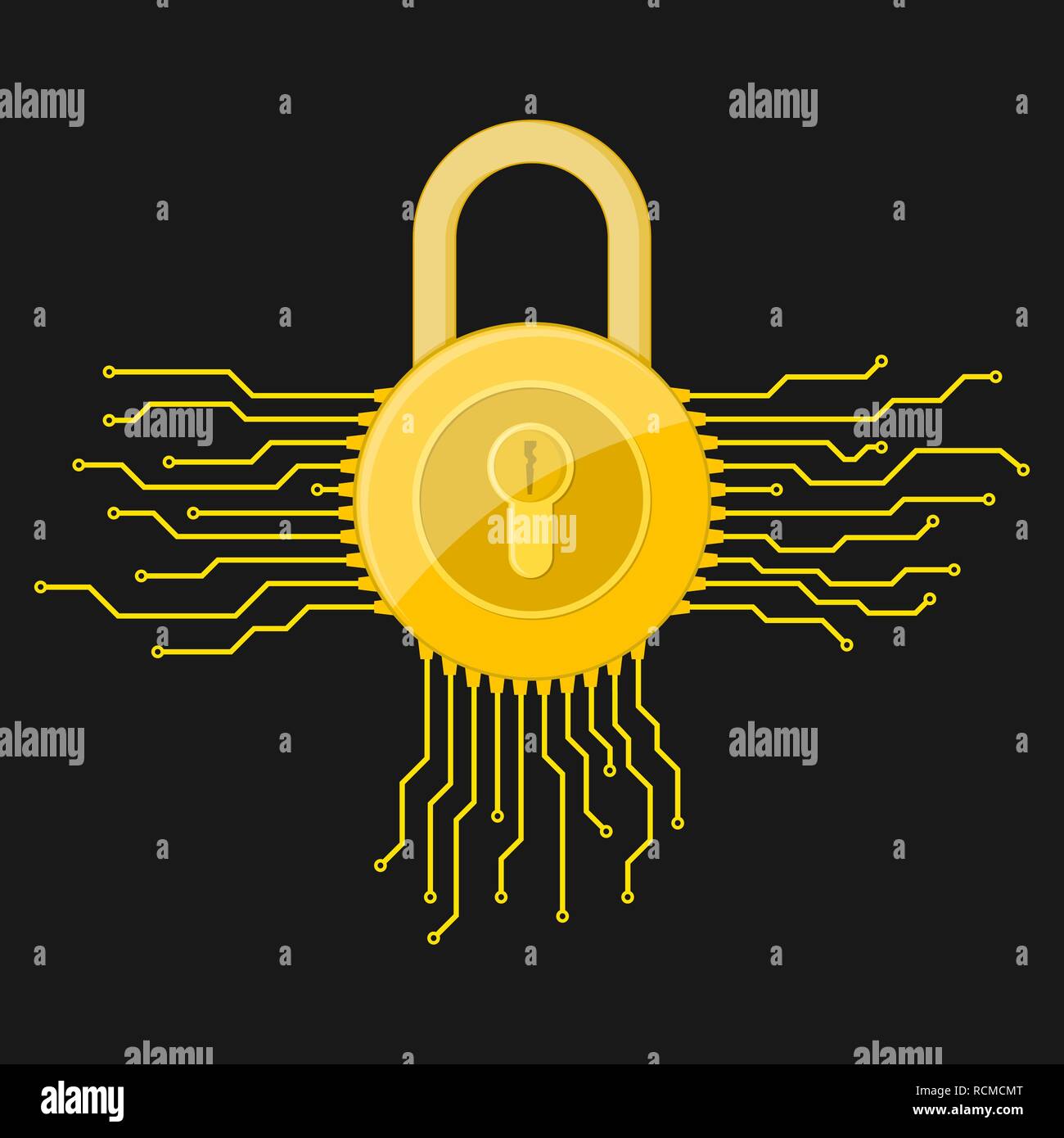 Elettronica giallo icona a forma di lucchetto in design piatto. Illustrazione Vettoriale. Informazioni sul concetto di sicurezza, su sfondo nero Illustrazione Vettoriale