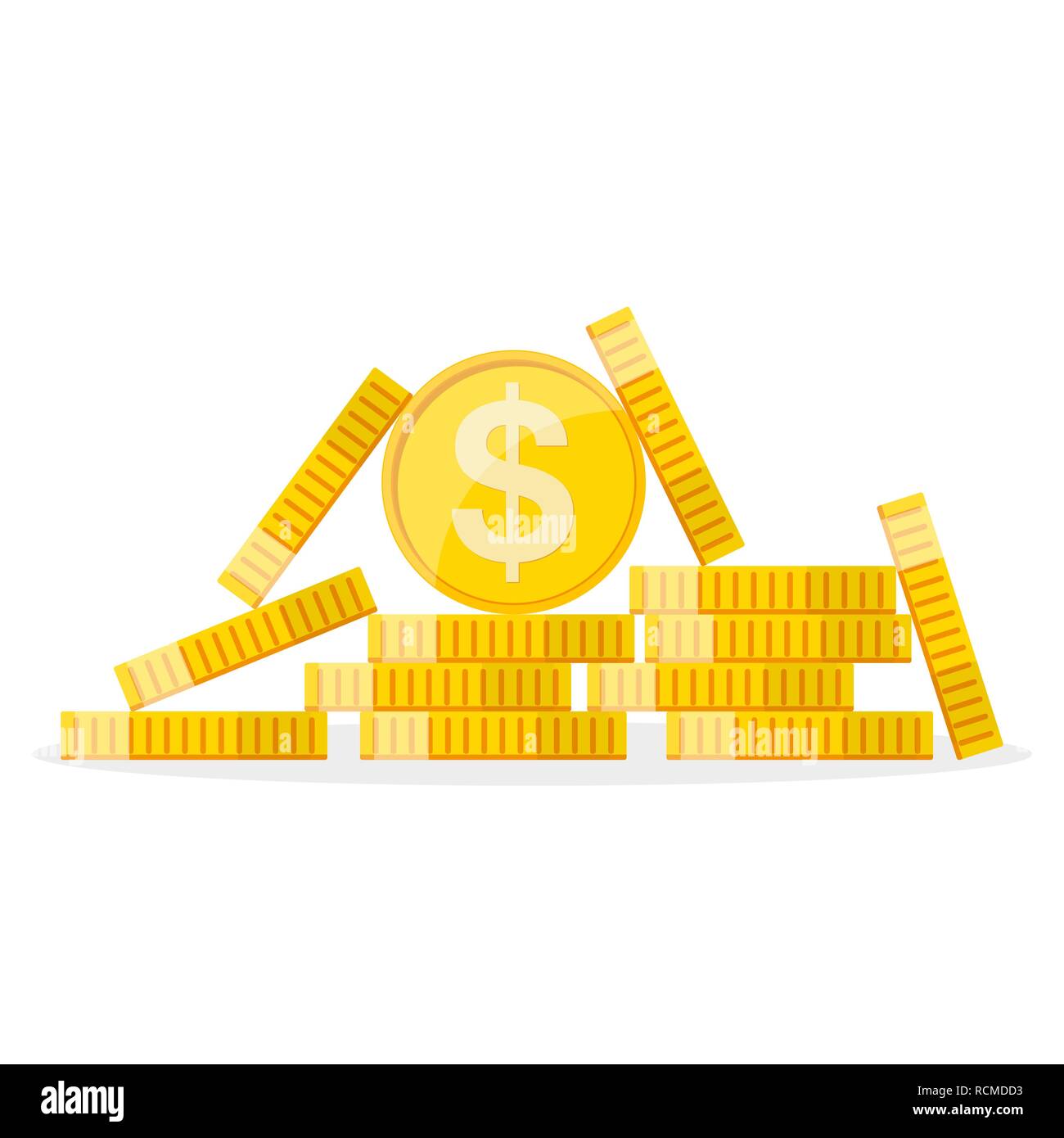 Cumulo di dollaro in oro monete in design piatto. Illustrazione Vettoriale. Dollaro di concetto di crescita Illustrazione Vettoriale