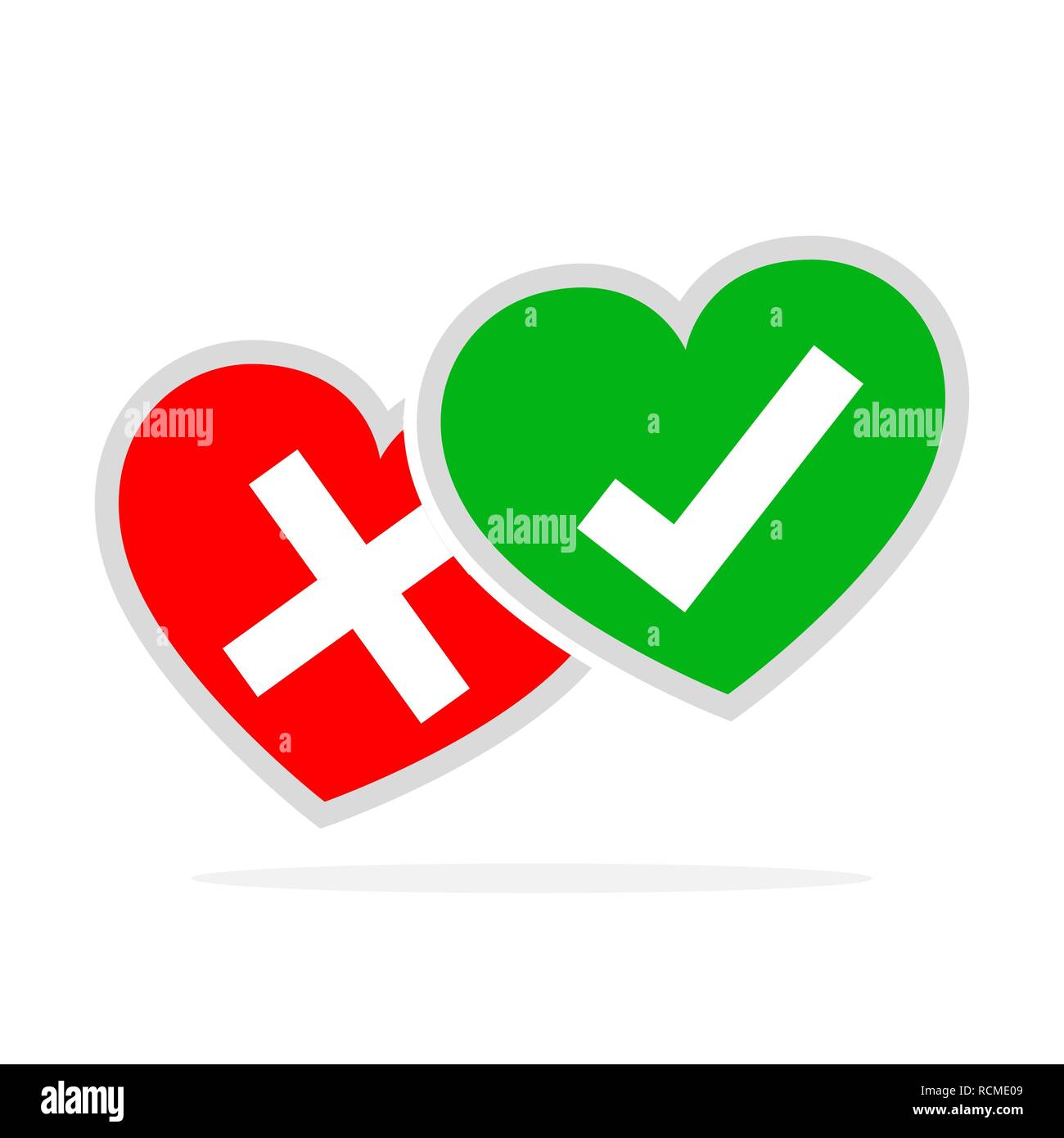 Cuori con Sì e No segni di spunta. Illustrazione Vettoriale. Il rosso e il verde cuori con segni di spunta su sfondo bianco. Illustrazione Vettoriale