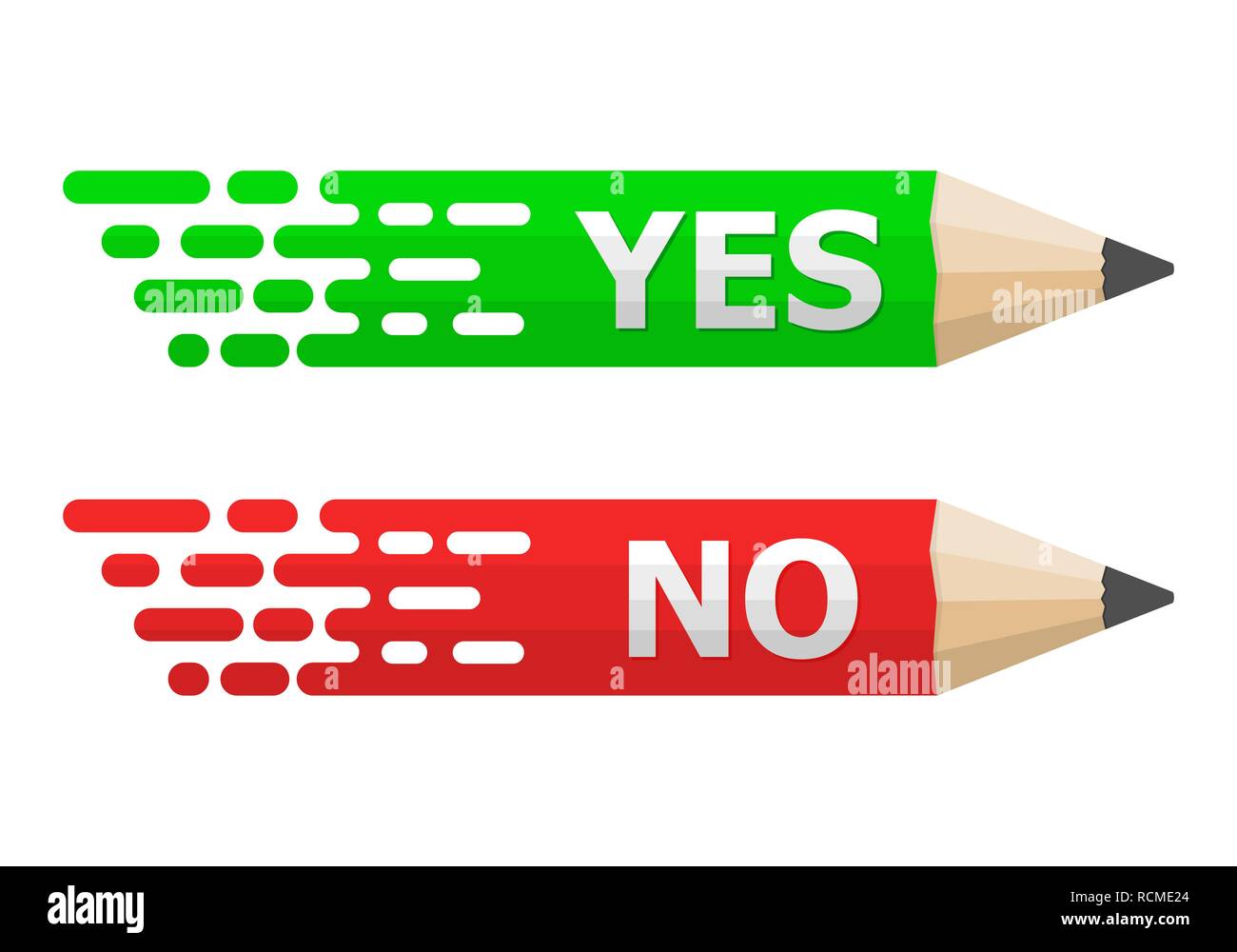 Matite con Sì e No il testo. Illustrazione Vettoriale. Matite colorate su sfondo bianco con ombra. Illustrazione Vettoriale