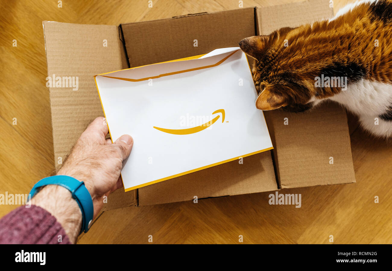 Parigi, Francia - Feb 14, 2018: uomo unboxing Amazon.com cartone contenente  una sorpresa busta gialla con biglietto di auguri da amico Amazon essendo  aiutato da cat Foto stock - Alamy