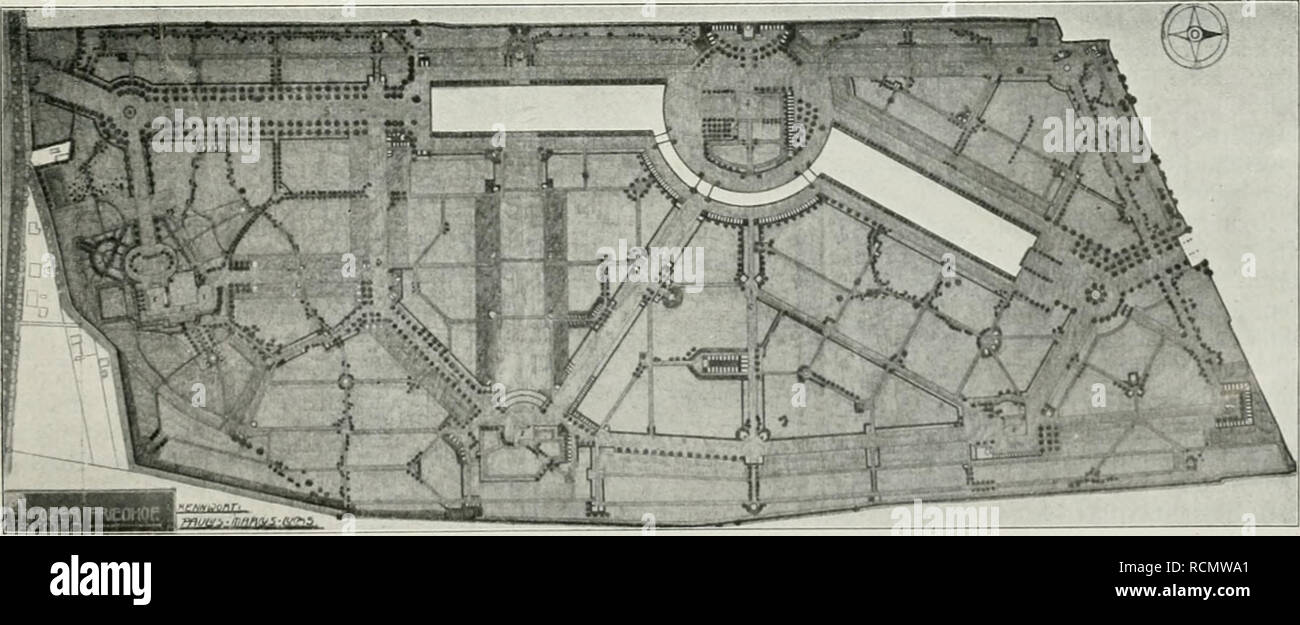 . Die Gartenkunst. Giardinaggio; Giardini -- l'Europa. Wettbewerb Friedhof BremenOsterhoIz: Ansicht, Grundriß und Schnitt des Krematoriums zum Entwurf Wagner, Schnackenberg &AMP; Siebold (Angekauft). Mafistab ca. 1:850. gefaßt, ein großes Wasserbecken, Der Spiegel fast eben mit dem breiten umgebenden Weg. Und in circuizione Mitte die grosse Insel, von einer prächtigen balaustra umsäumt und ihrerseits wieder als letzten Kern einen großen figurengekrönten Brunnen tragend inmitten von Orangen, Magnolien und Rosen. Der äußere Teichrand wird von marmornen Toren und wasserspeienden Fanta- siefiguren Foto Stock