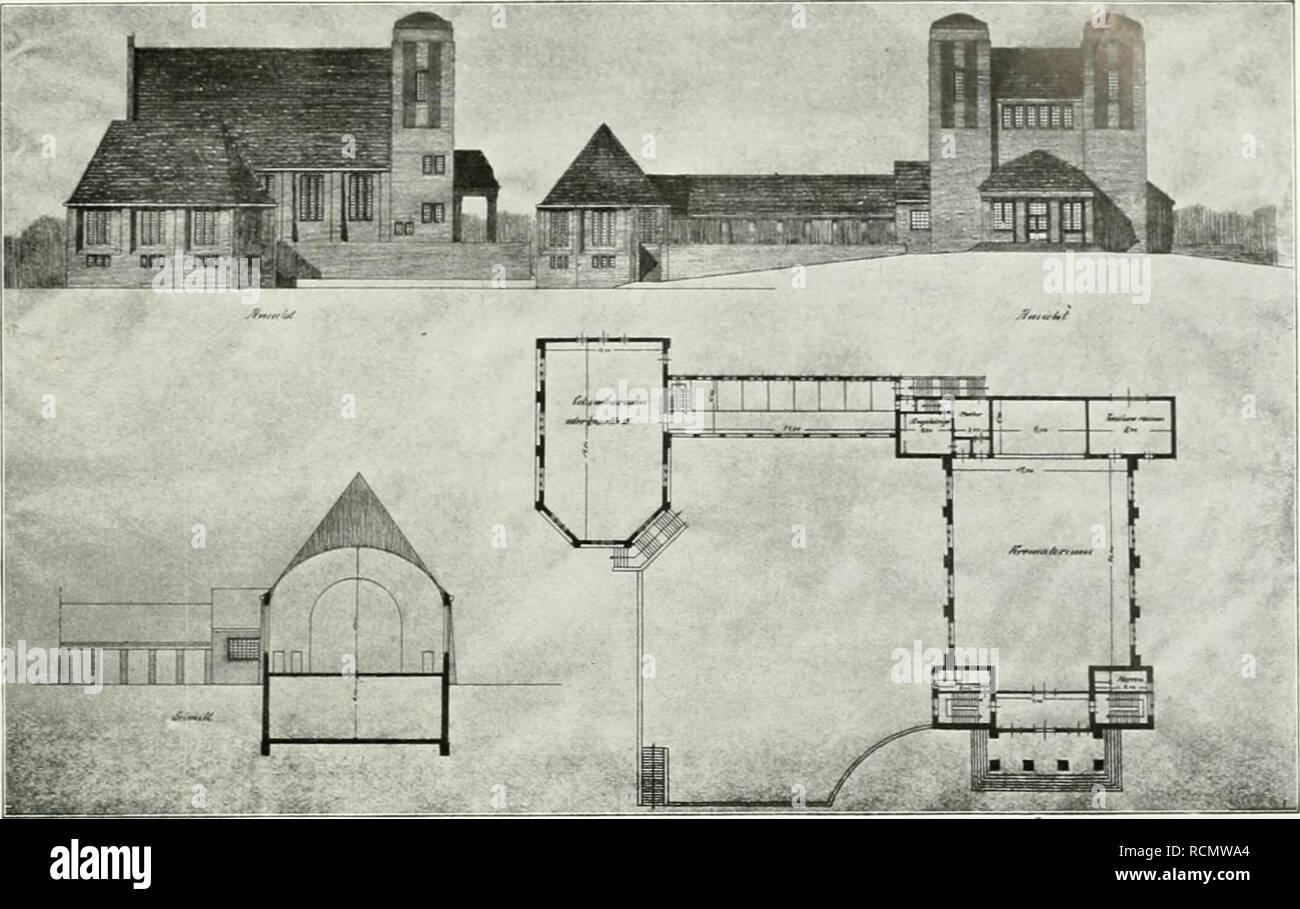 . Die Gartenkunst. Giardinaggio; Giardini -- l'Europa. Xll. DIE GARTENKUNST. 59. Wettbewerb Friedhof BremenOsterhoIz: Ansicht, Grundriß und Schnitt des Krematoriums zum Entwurf Wagner, Schnackenberg &AMP; Siebold (Angekauft). Mafistab ca. 1:850. gefaßt, ein großes Wasserbecken, Der Spiegel fast eben mit dem breiten umgebenden Weg. Und in circuizione Mitte die grosse Insel, von einer prächtigen balaustra umsäumt und ihrerseits wieder als letzten Kern einen großen figurengekrönten Brunnen tragend inmitten von Orangen, Magnolien und Rosen. Der äußere Teichrand wird von marmornen Toren und wassersp Foto Stock