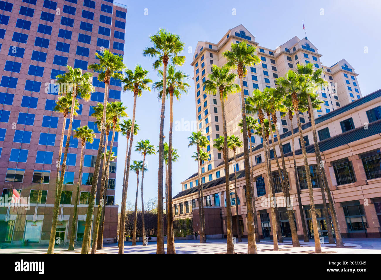 Il paesaggio urbano nel centro cittadino di San Jose, Silicon Valley, California Foto Stock