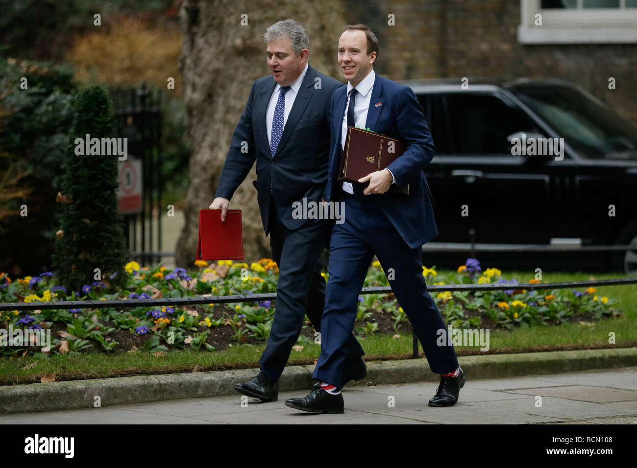 Londra, Regno Unito. 15 gennaio, 2019. Salute britannico Segretario Matt Hancock (R) e conservatore presidente Brandon Lewis arrivano a una riunione del gabinetto al 10 di Downing Street a Londra, in Gran Bretagna, a gennaio 15. 2019. Un ritardo del voto parlamentare sulla Brexit trattativa è prevista per martedì. Credito: Tim Irlanda/Xinhua/Alamy Live News Foto Stock