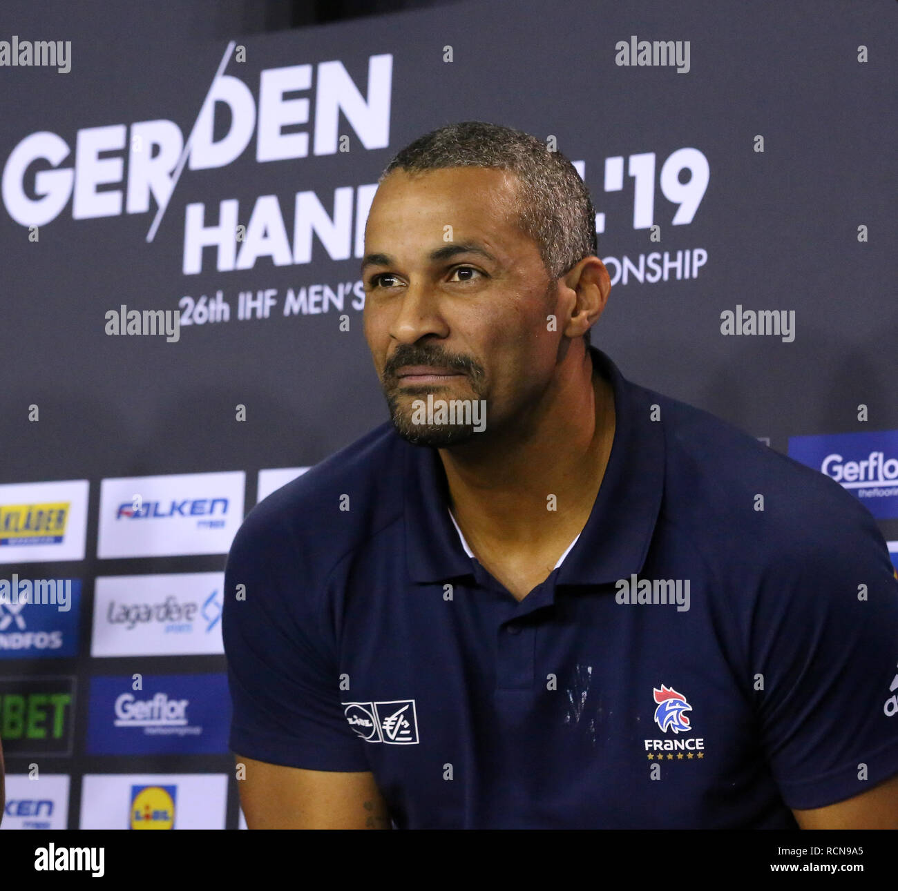 Berlino, Germania. Xv gennaio, 2019.Francia allenatore Didier Dinart assiste il post-partita premere conference Credit: Mickael Chavet/Alamy Live News Foto Stock