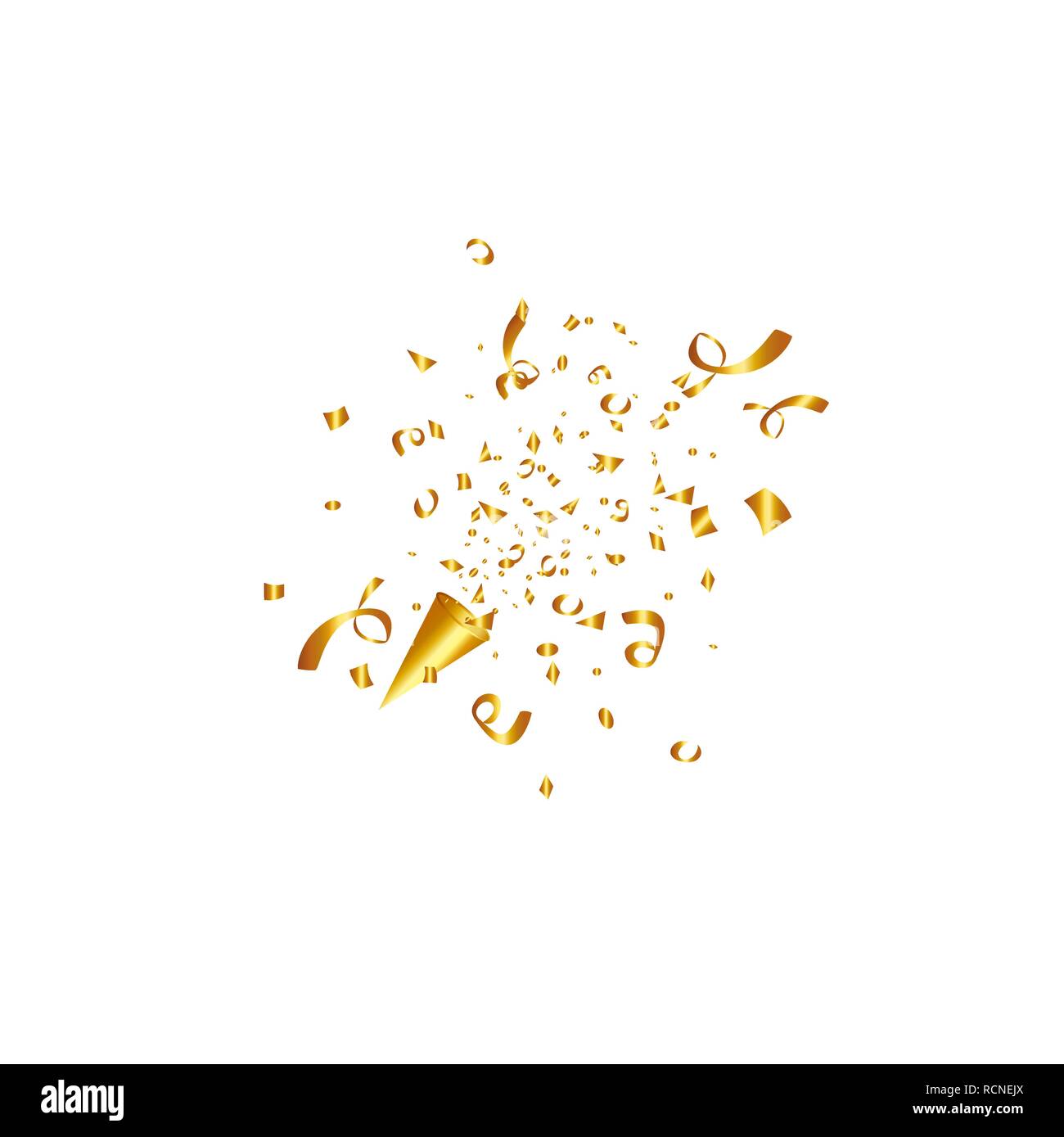 Party popper isolato. Golden coriandoli. Illustrazione Vettoriale. Buon compleanno concetto Illustrazione Vettoriale
